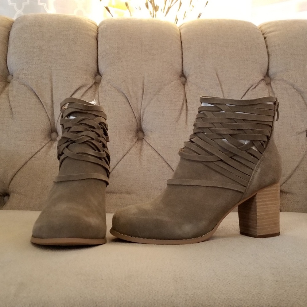 Torrid Faux Suede Taupe Strappy Booties